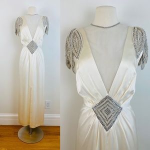 Vintage Custom Deco Charmeuse Off White Silk Wedding Dress Rhinestones Pearls
